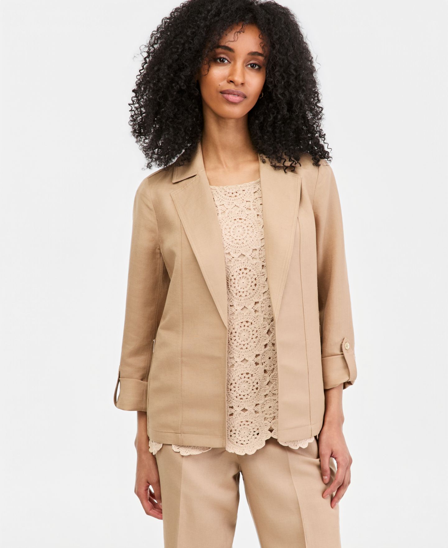 Женский пиджак Kasper Linen Blend Open-Front Cuffed Blazer, Regular & Petite — фото 5