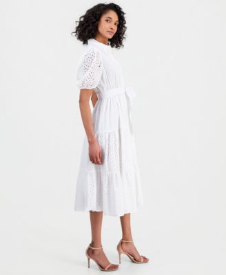 Women's Puff-Sleeve Midi Eyelet Shirtdress