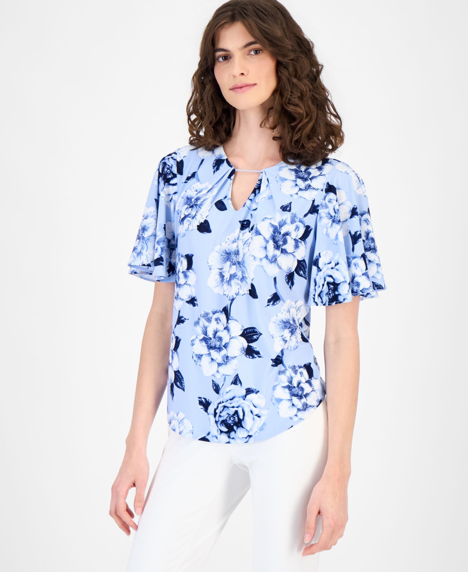 Women's Pleated Printed Bell-Sleeve Top