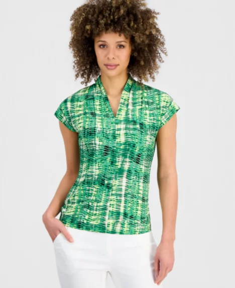 Petite Printed V-Neck Cap-Sleeve Top - Lush Green Multi