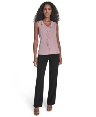 Women's Mixed Media Sleeveless Ruffle-Front Top