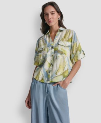 Women's Roll-Tab Sleeves Collar Neck Top