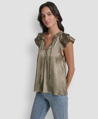 Women's Short-Sleeve Pleated Tie Front Blouse