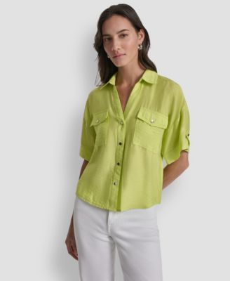 Women's Collared Neck Short Roll Tab Sleeve Shirt