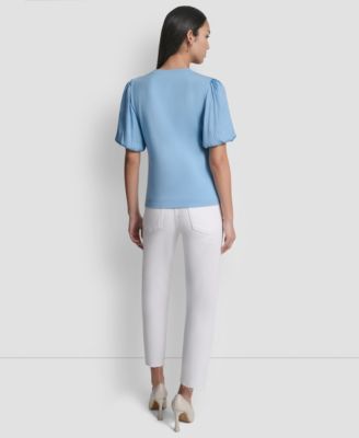 Women's Puffed Crew Neck Mix Media Knit Top