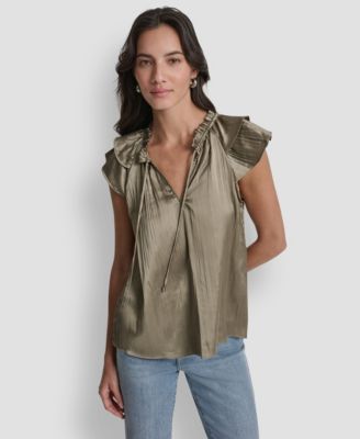 Women's Short-Sleeve Pleated Tie Front Blouse