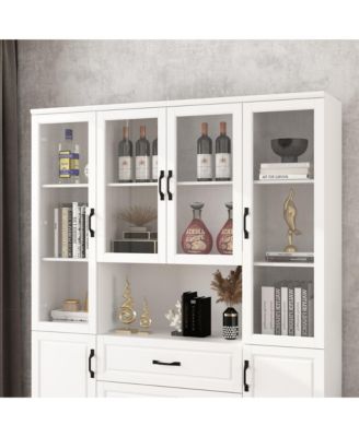 Kitchen Storage Cabinet with Glass Doors, Kitchen Pantry Cabinet with Shelves & 3 Drawers