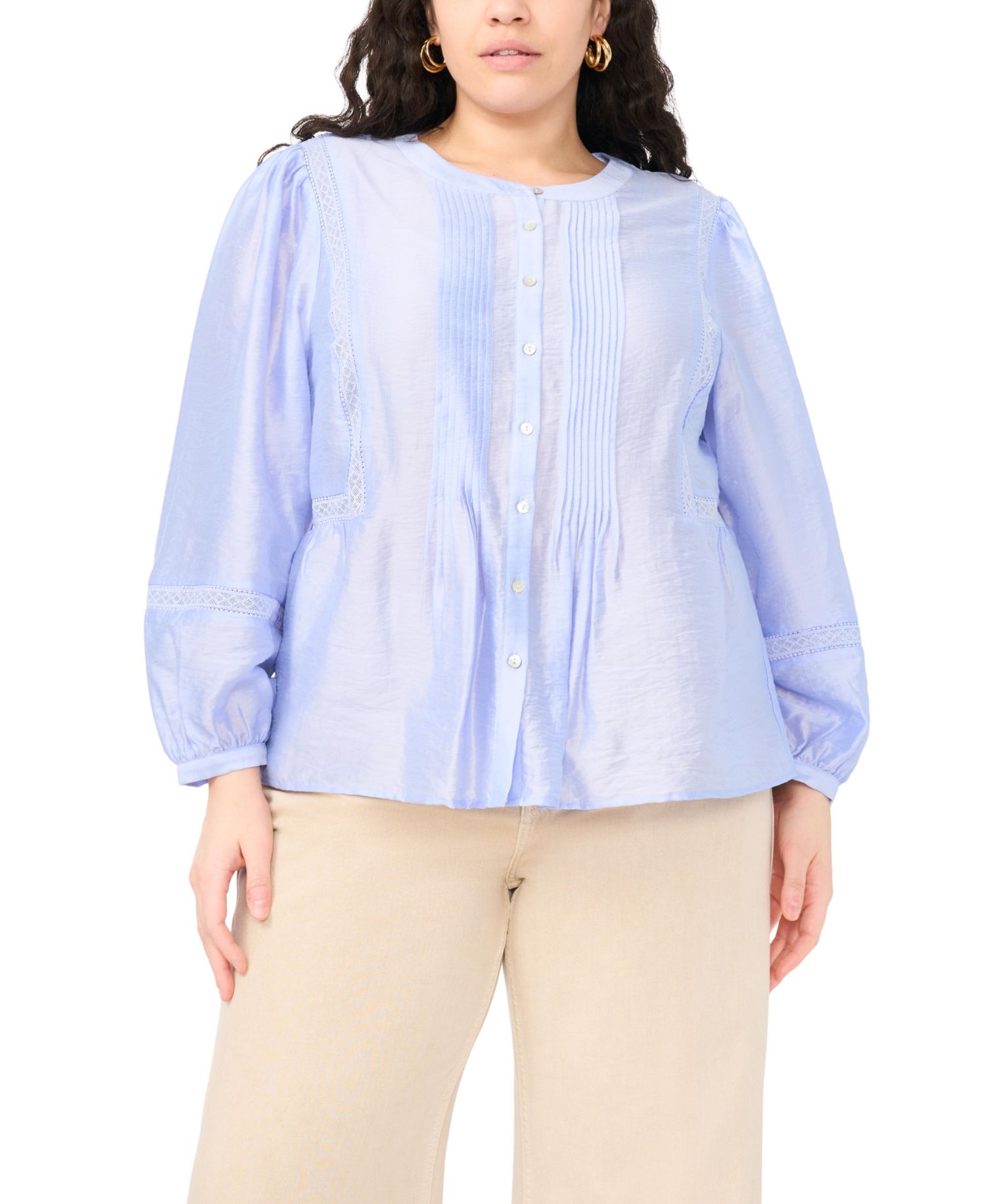 Plus Size Crewneck Pleated Front Long-Sleeve Blouse