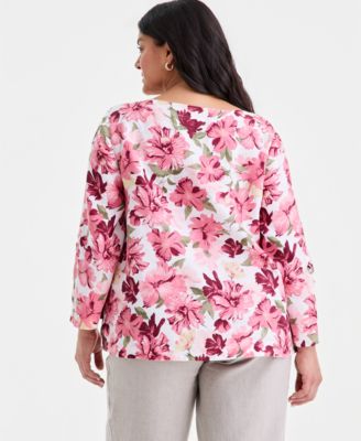 Plus Size Linen Floral-Print 3/4-Sleeve Blouse