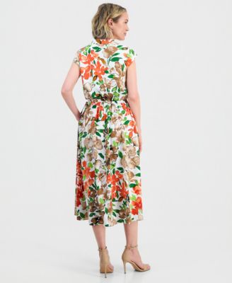 Women's Cap-Sleeve Drawstring Midi Dress