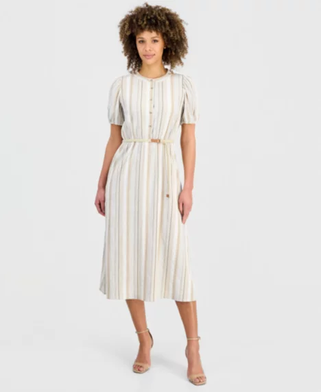 Petite Striped Puff-Sleeve Midi Shirtdress - Sesame Sand Multi
