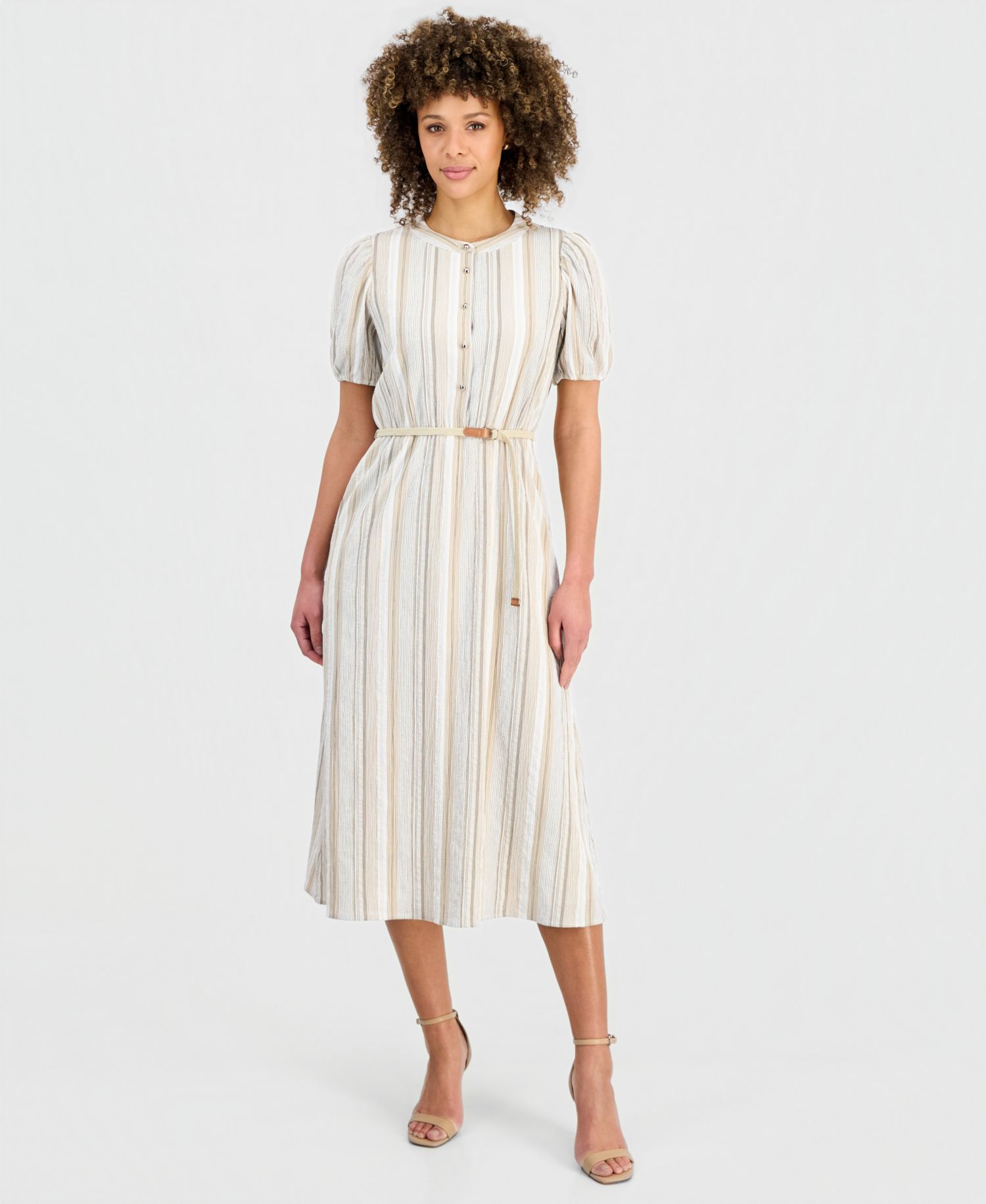Petite Striped Puff-Sleeve Midi Shirtdress