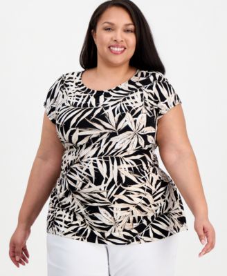 Plus Size Printed Crewneck Tie-Back Short-Sleeve Blouse 