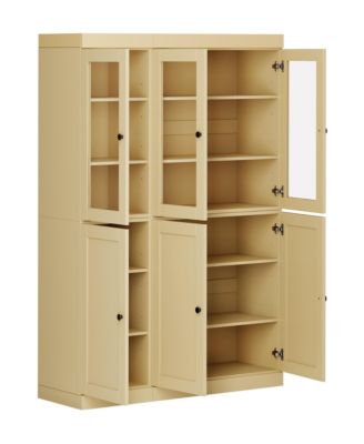 100% Solid Wood 48.5" Pantry China Cabinet with Clear Glass, Shaker Doors & Adjustable Shelves