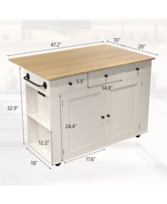 Rolling Kitchen Island with Drop Leaf Countertop, Charging Station & Ample Storage- 47.2 in Mobile Kitchen Cart On Wheels with Pull-Out Shelves