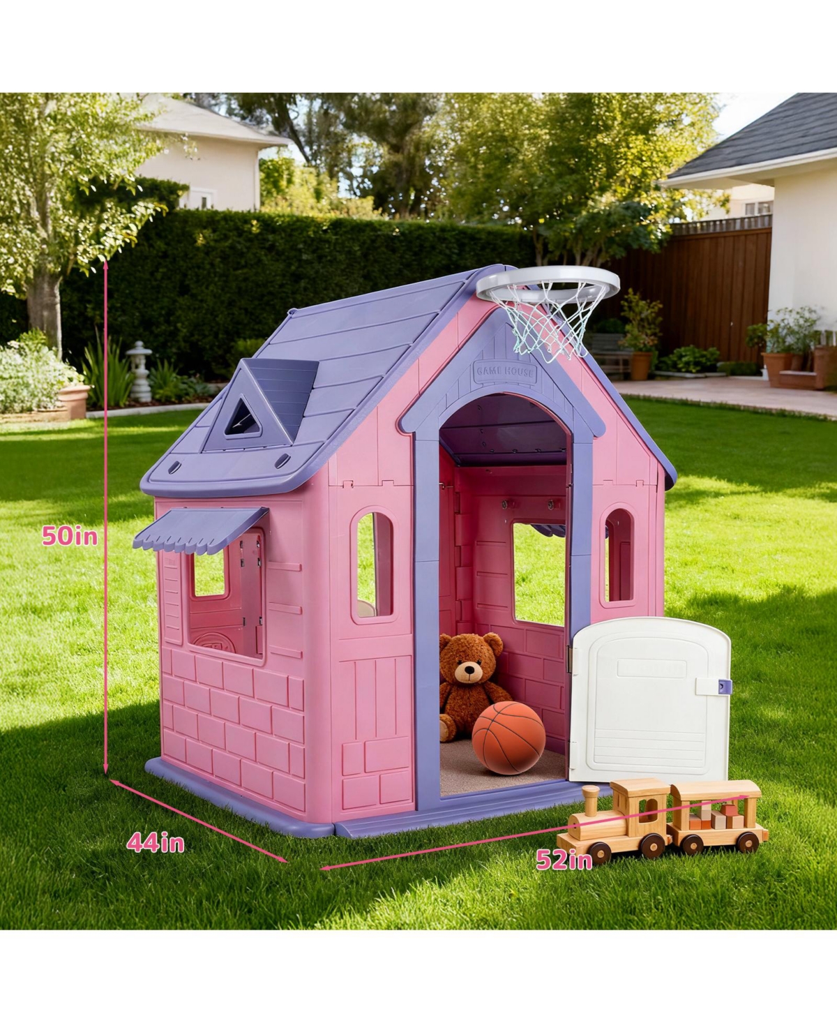 Sugift Large Kids Playhouse for Indoor Outdoor with Basketball Ring Toss Play and Diy Stickers for Girls Boys Ages 2