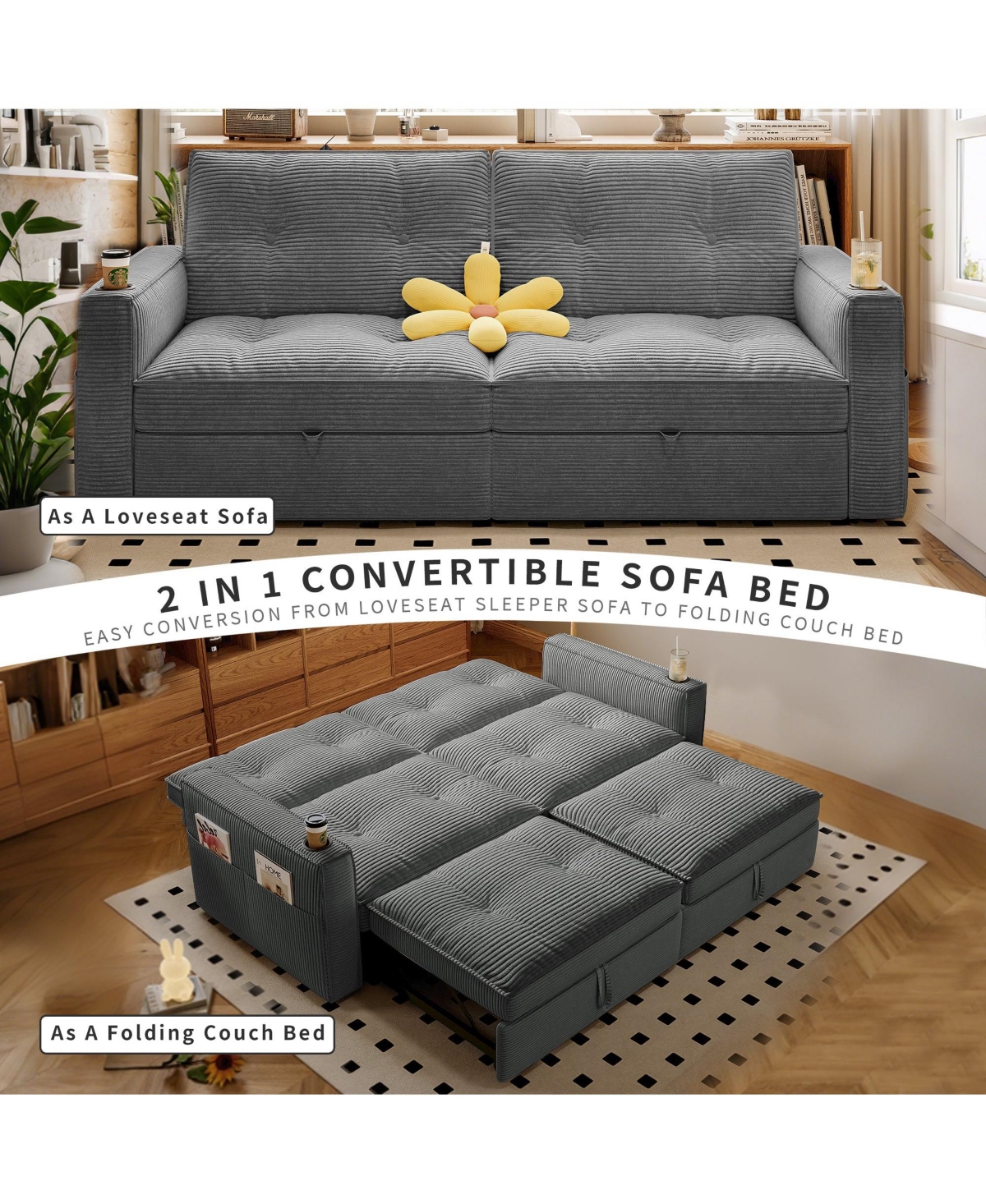 Boyel Living Multi-Functional Convertible Sofa Bed 2-in-1 Pull Out Bed, Modern Corduroy Fabric Couches with Cup Holders