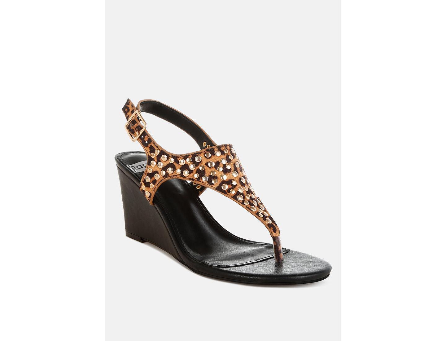 Женские сандалии Rag & Co Oidah Leopard Print Studded Wedges, цвет: Коричневый — фото 4