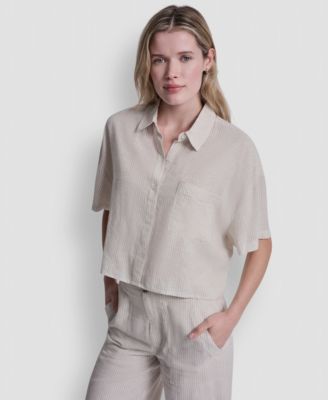 Women's Oversized Linen-Blend Cropped Short Sleeve Shirt