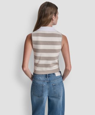 Women's Striped Sleeveless Polo Sweater
