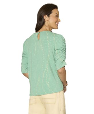 Petite Printed Ruched-Sleeve Scoop-Neck Top