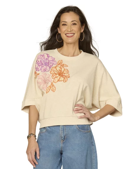 Petite Crewneck Dolman Short-Sleeve Top - Heather Oatmeal