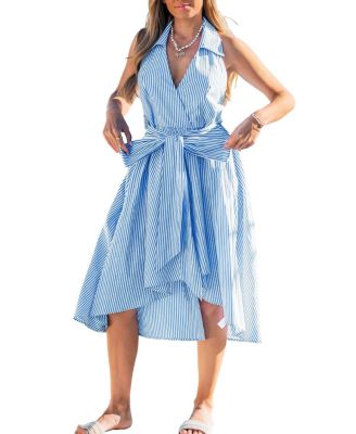 Women's V-Neck Sleeveless Tie-Front Asymmetric Midi Dress