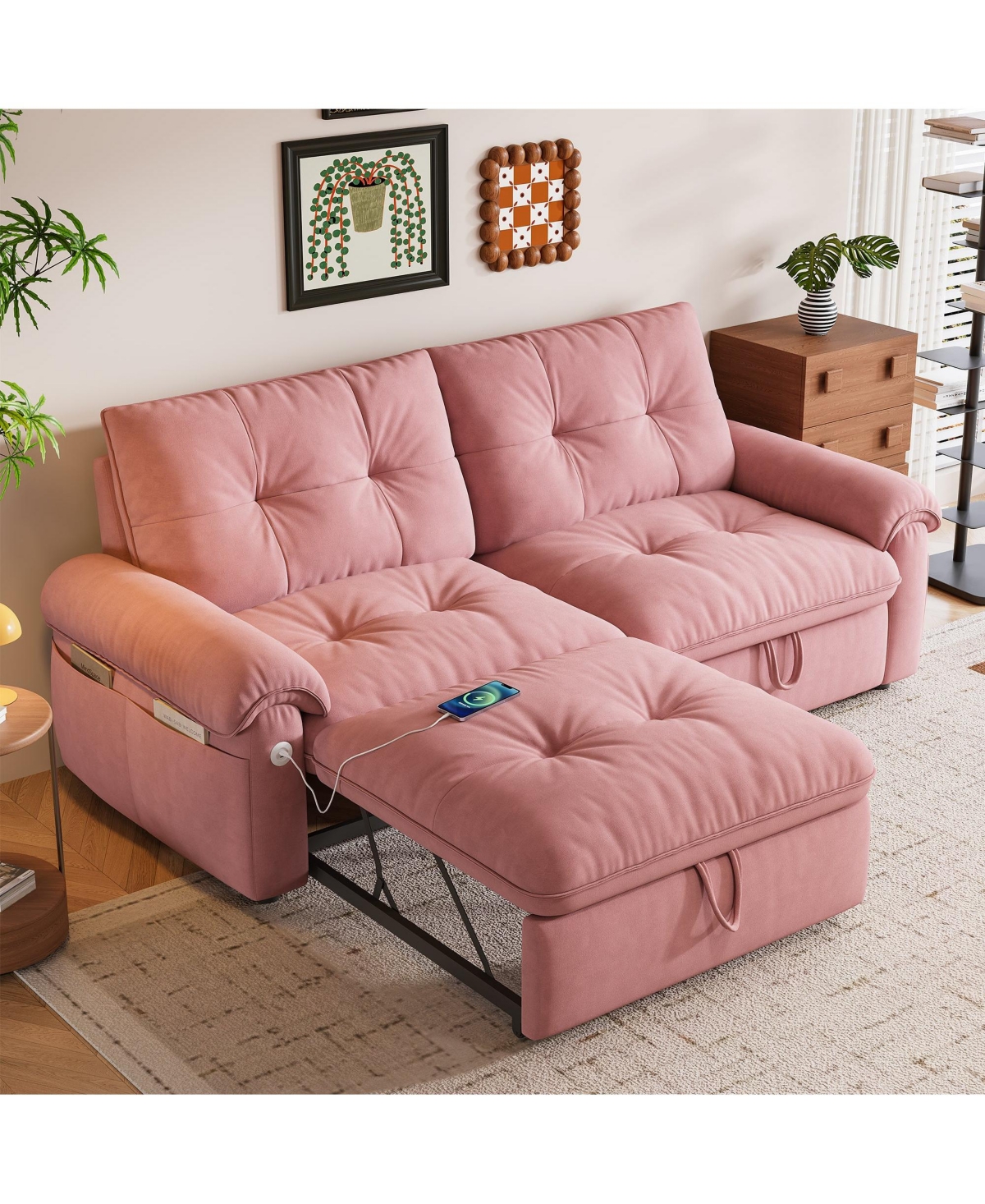 Boyel Living Multifunctional Sofa Bed, 77-inch Modern Velvet Fabric Convertible Sofa Couches, 2-in-1 Pull Out Sofa Bed with Usb Charger, Beige
