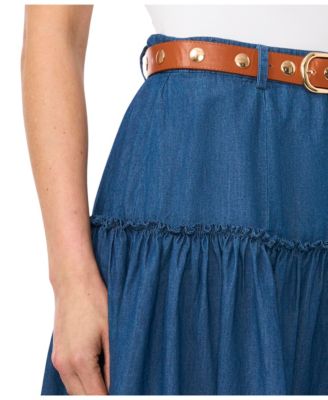 Women's Belted Denim Midi Skirt