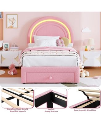 Twin LED Bed Frame with Storage Drawer, Rainbow Headboard, Fleece Princess Platform for Kids, Wood Slats, No Box Spring, Pink