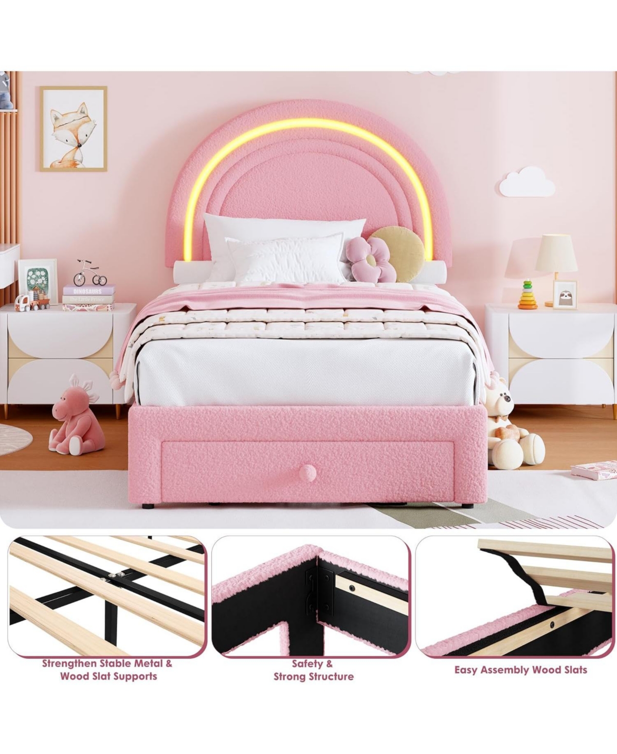 gaomon Twin Led Bed Frame with Storage Drawer, Rainbow Headboard, Fleece Princess Platform for Kids, Wood Slats, No Box Spring, Pink