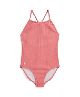 Girls' 7-16 Mini-Cable Jacquard Round Neck One-Piece Swimsuit