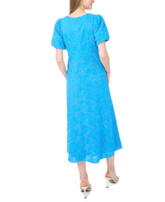 Women's Bubble Sleeve Scoop Neck Eyelet Midi Dress