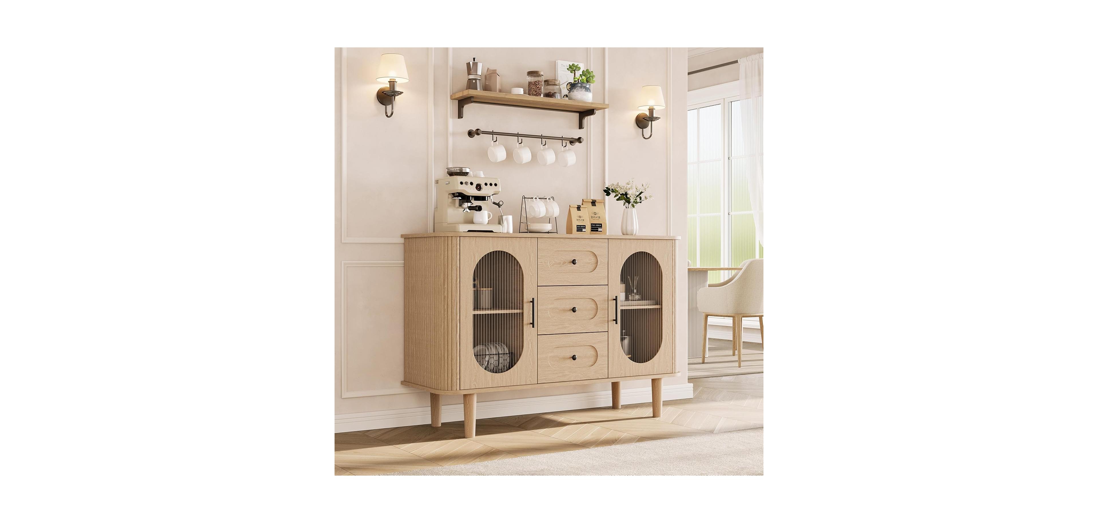 gaomon 47" Buffet Cabinet, Coffee Bar Cabinet with 2 Doors and 3 Drawers, Buffet Table with Adjustable Shelves for Dining Room, Living Room