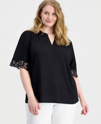 Plus Size Split-Neck Lace-Trim Elbow-Sleeve Top