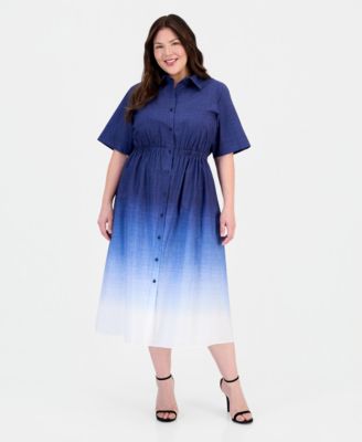 Plus Size Button-Front Cotton Midi Dress