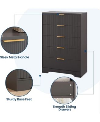 Dresser for Bedroom with 5 Drawers, Wave Fluted Modern Chest of Drawers, Tall Wood Storage Organizer for Nursery, Hallway, Living Room, Closet