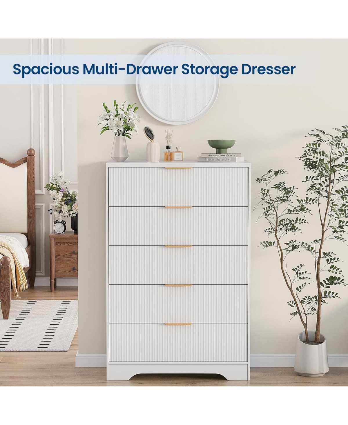 gaomon Dresser for Bedroom with 5 Drawers, Wave Fluted Modern Chest of Tall Wood Storage Organizer Nursery, Hallway, Living Room, Closet
