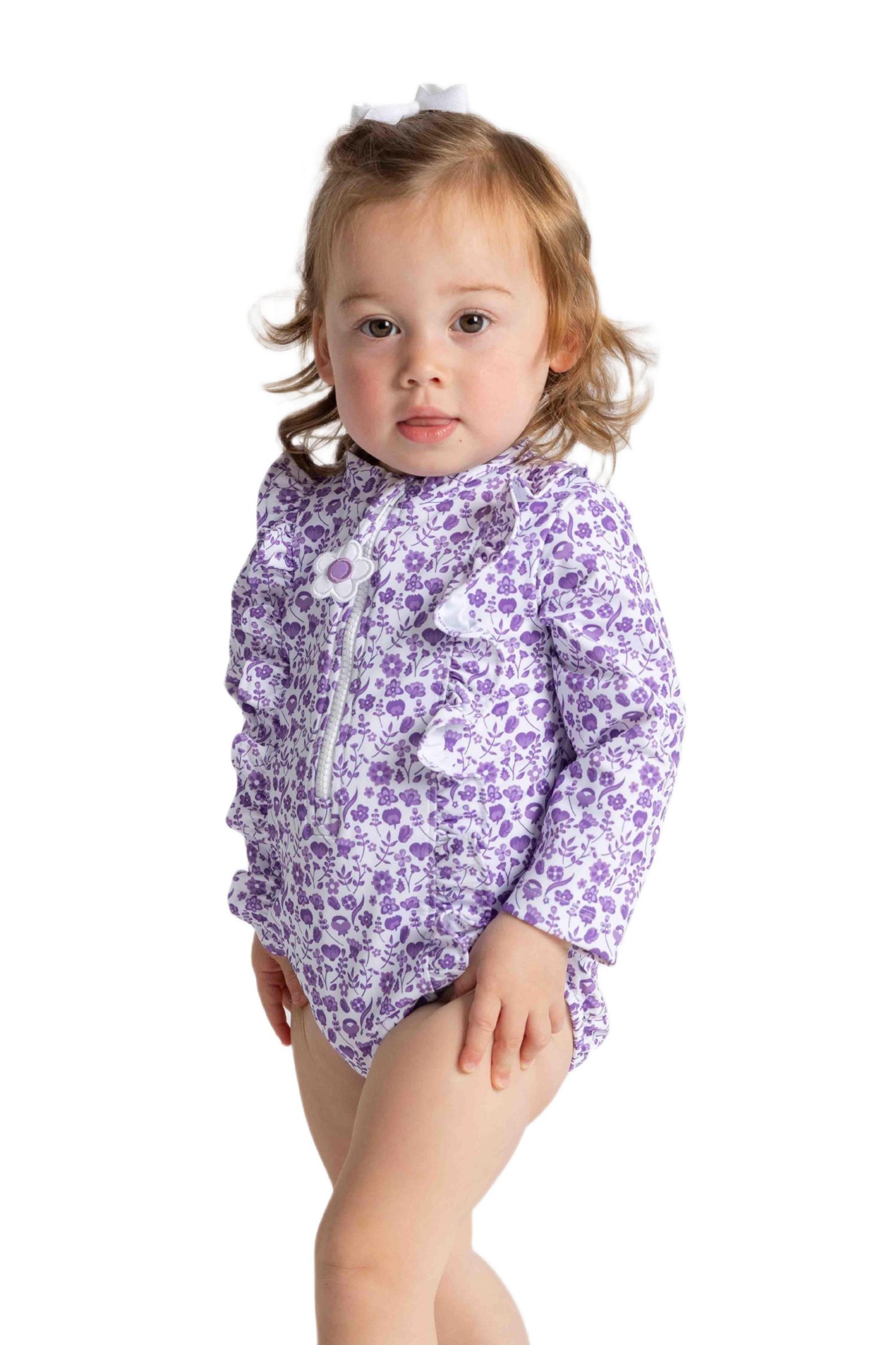 Baby Girl Floral Print One Piece Rashguard with Ruffles