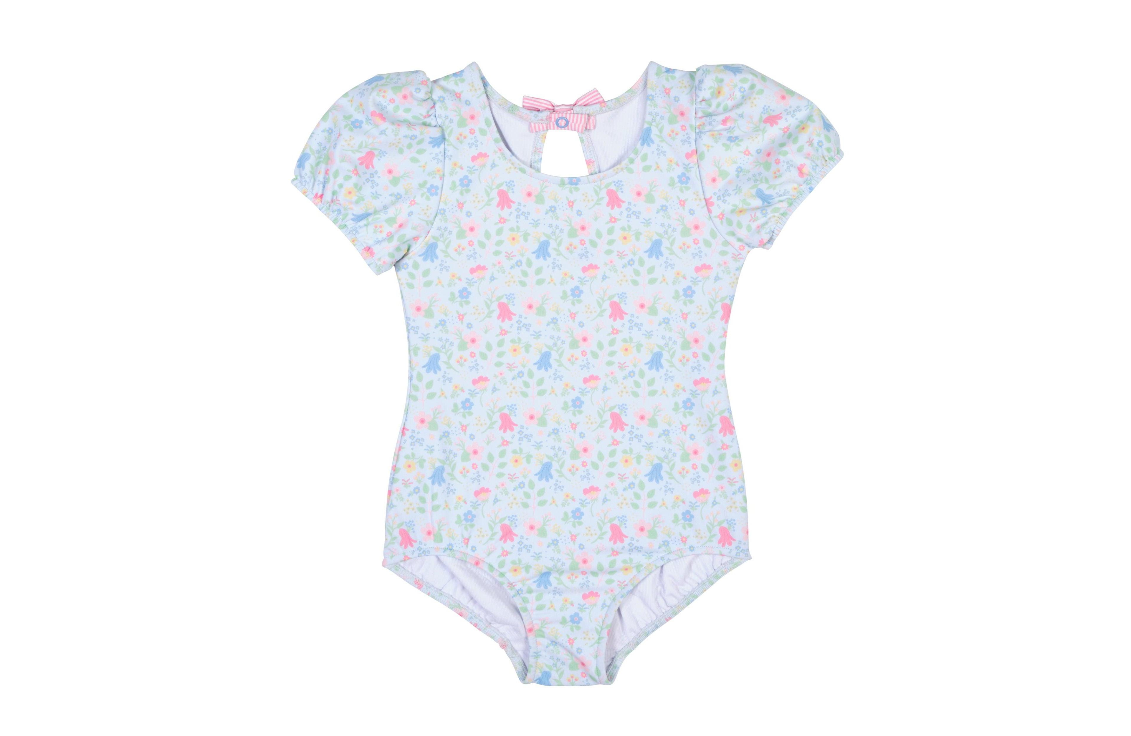 Florence Eiseman Girls Floral Print Swimsuit with Puff Sleeves
