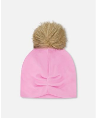 Baby Girls Stretch Jersey Hat Pink with Pompom