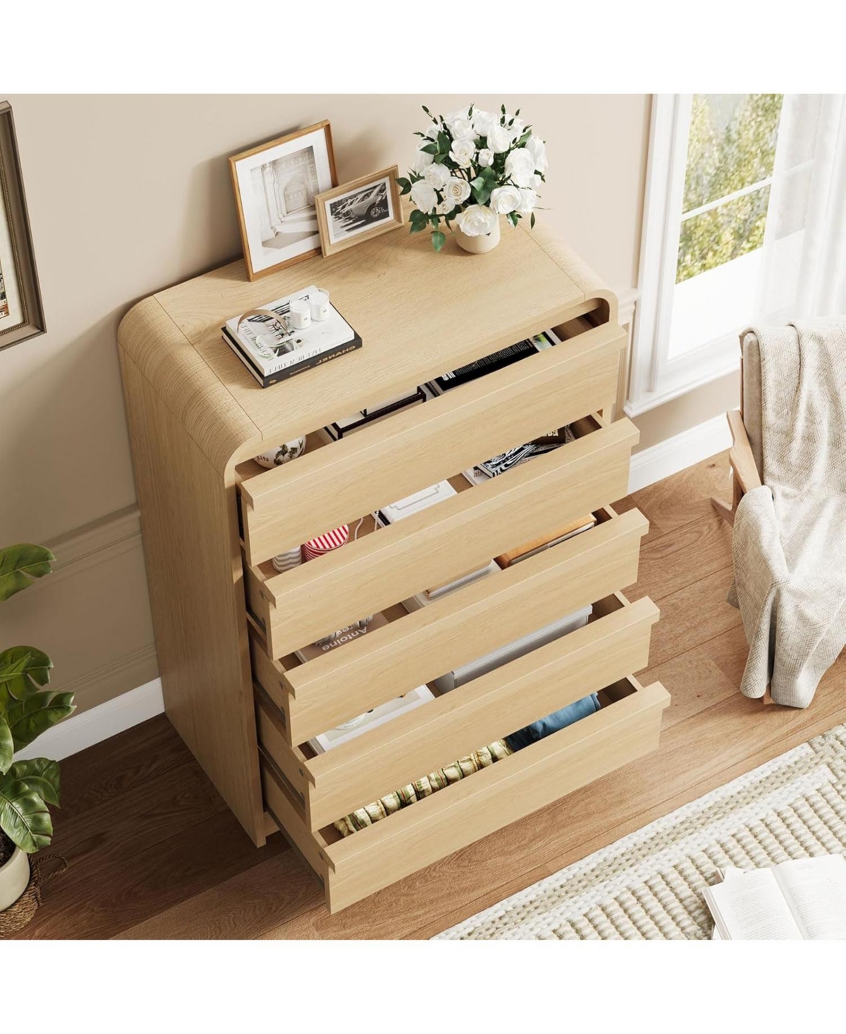 gaomon Arched 5 Drawer Dresser for Bedroom, 45in Tall Wooden 5 Chest of Drawers with Curved Profile Design, Modern Closet Storage Organizer
