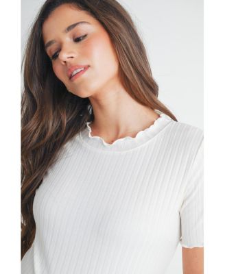 Women's Maternity Ribbed Crew Neck Short Sleeve Top with Lettuce Hem