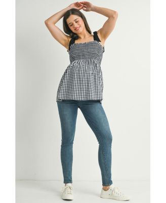 Women's Maternity Smocked Gingham Tie-Strap Sleeveless Top