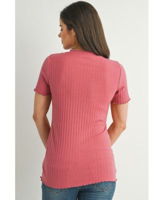 Women's Maternity Ribbed Crew Neck Short Sleeve Top with Lettuce Hem
