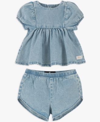 7 For All Mankind - Baby Girls' Balloon Sleeve Top and Denim Shorts, 2-Piece Set
