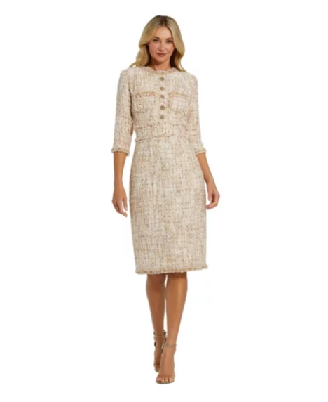 Petite Beaded Trim Boucle Midi Dress with 3/4 Sleeves - Blush