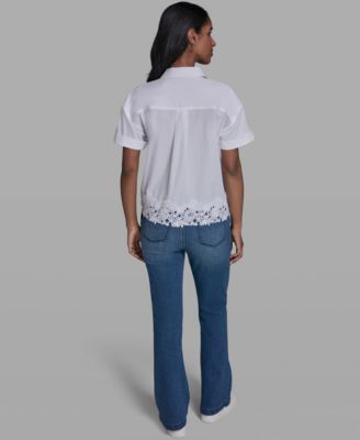 Women's Collared Lace-Trimmed Short-Sleeve Blouse