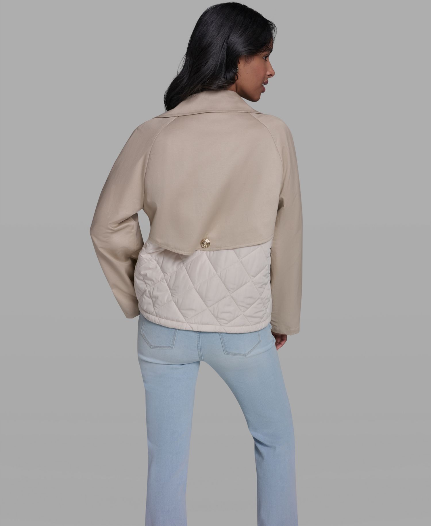 Women's Crop Trench Button-Sleeve Quilted Back Jacket