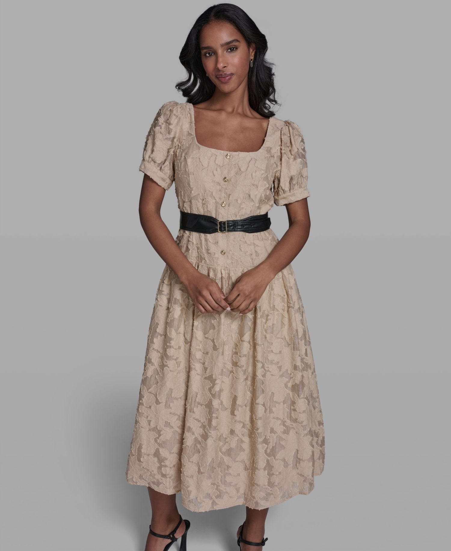Women's Floral Lace Drop-Waist Belted Dress